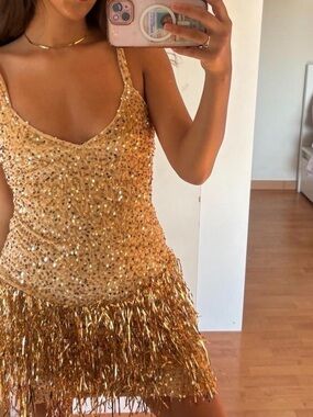 Gold Sequin Fringe Mini Dress - Women's Sparkle Party Dress